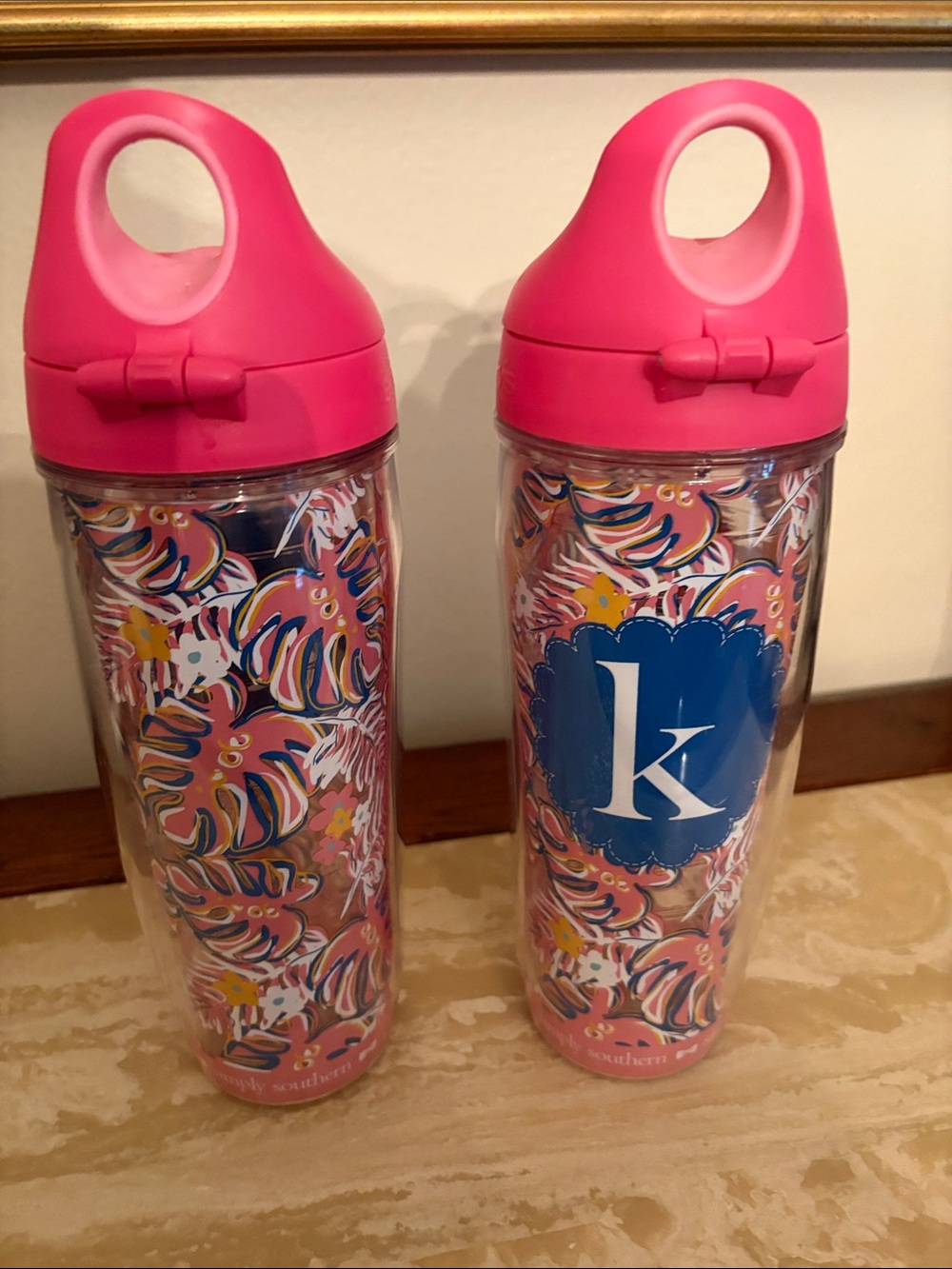 tervis Pink Floral Patterned Double-Wall Water Bottle “K”